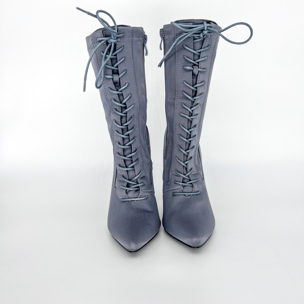 Yeezy style Gray satin stretchy heels with zipper and ties. Never worn.